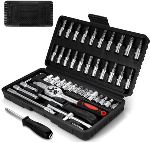 46 Pcs 1/4 inch Socket Wrench Set, Small 1/4 Socket Set, Deep Sockets Tools Set Car Tools Mechanic Tool Sets, Screwdriver Ratchet Set Extension Bars for Bike Motorbike Motorcycle Repair Tool Kit