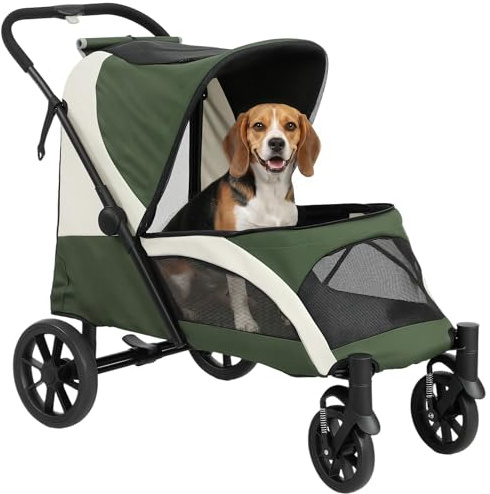 PawHut Poussette pliable pour grands chiens et chats jusqu'à 30 kg - Avec coussin, fenêtres en filet, portes, sac de rangement - Vert foncé