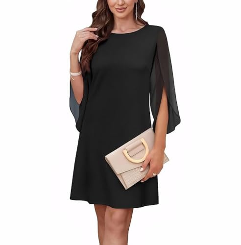 XFSRG Robe Femme en Mousseline Manches 3/4 d'Été Coupe Ample de Mariée Robes Élégant Bodycon pour Soirée Cocktail Party(Noir/L)