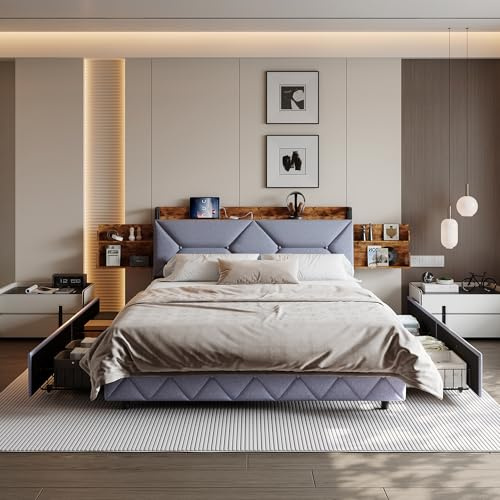 KSFASHZ Cama Doble con Cajones y Cabecero de Almacenamiento,Cama Matrimonio 160x200 con Puerto de Carga, Marco de Cama Tapizada con Listón de Madera (Lino,Sin Colchón)