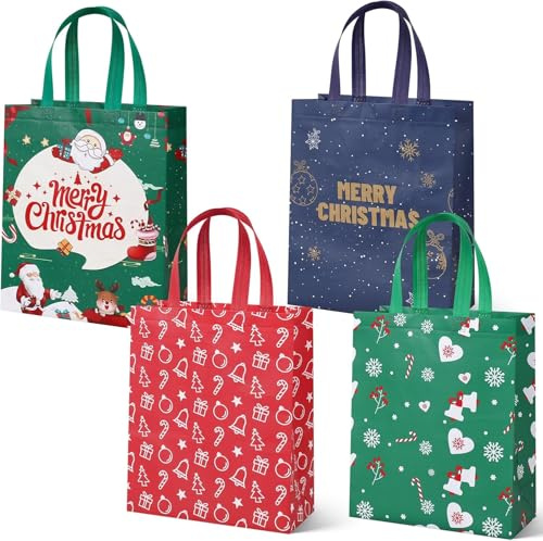 Bolsas de Navidad para Regalo, 4 Bolsas de Navidad con asas, reutilizables, no tejidas, Bolsas de Compras, Decoraciones de fiesta, 31 x 25 x 11 cm