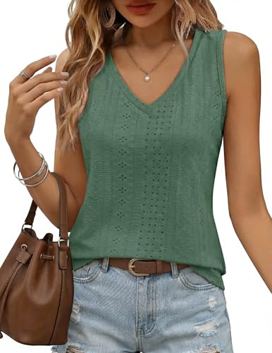 Zeagoo Camiseta Tirantes Mujer Verano Top Elegante para Cuello V Blusa sin Mangas Casual Básica de Tela con Ojales Verde S