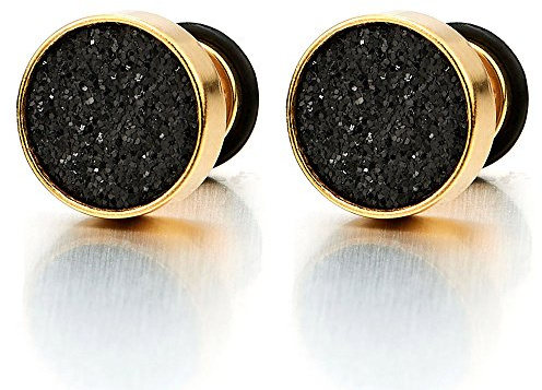 Stainless Steel Gold-Tone Faux Druzy Stud Earrings for Men Women, Black Glitter Inlay Fake Plug Faux Gauge Cheater Plugs