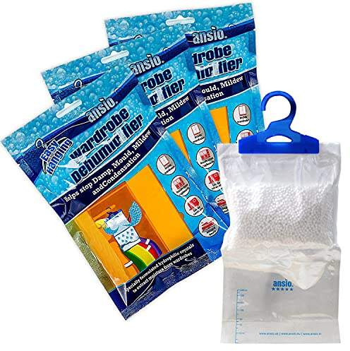ANSIO® Wardrobe Dehumidifier Disposable Hanging Bags Pack of 3 Room Moisture Absorber Condensation Remover for Damp, Mould in Home, Bathroom, Window, House, Kitchen, Bedroom Interior Traps