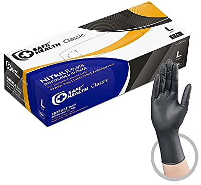 Safe Health Gants jetables en Nitrile Taille L Noir, Boîte de 100, Sans poudre Sans latex, EN 374 de cuisine jetables,Tatouage, Aliments, Salon, Réparation automobile Bricolage, 3,5 Mil