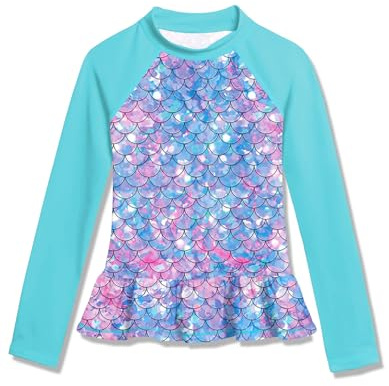 BesserBay Mädchen Schnelltrocknend Oberteil UV Shirt Rüschensaum UPF 50+ Blau Langarm Rash Guard 130