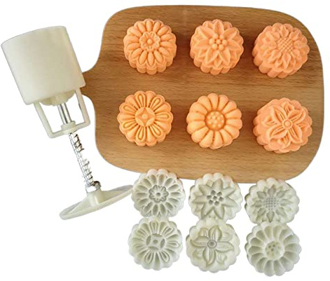 Mid-Autumn Festival Moon Cake Mould DIY Pastry Tool, Hand-Pressure Mooncake Molds Cake Plungers, Round Flower Mooncake Mould Kitchen Gadgets(B)