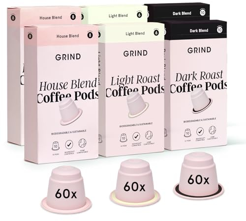 Grind Variety Coffee Pod Collection – House, Dark & Light Blend – Pack of 60 Biodegradable Capsules – 100% Arabica – Nespresso® Original Machine Compatible – Home Compostable – Gift Set