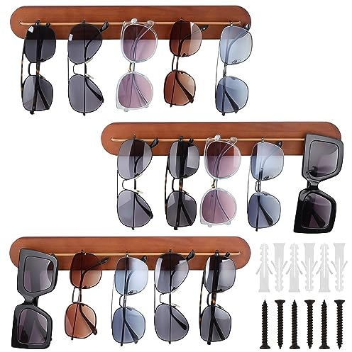 Kurtzy 3 Pack of Wooden Wall-Mounted Sunglasses Racks - Hanging Eyeglasses/Eyewear Display Organiser Holders - Decorative Hanging Storage for Entryway, Bedroom, Living Room - Each Rack Holds 5 Pairs
