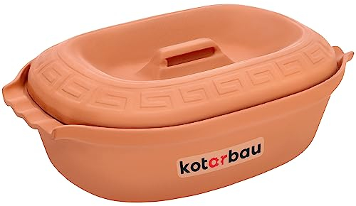 KOTARBAU® Cacerola de cerámica de 5 litros, olla romana, olla de cerámica con tapa y asas, color natural, para cocinar al vapor, barro rústico, cazuela de arcilla, bandeja de cerámica, ovalada, gres