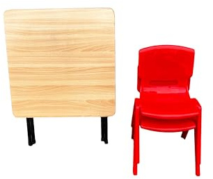 impsuk Folding Kids Table & 2 Stacking Chairs Classroom Preschool Primary Children School Playgroup Home Work Furniture Set (Red Chairs + Beech top Table)