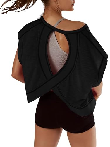 Kumufenc Women Short Sleeve Workout Shirts Open Back Tops Casual Yoga Y2k Athletic Gym Slouchy Crop Running Tees(Black,M)