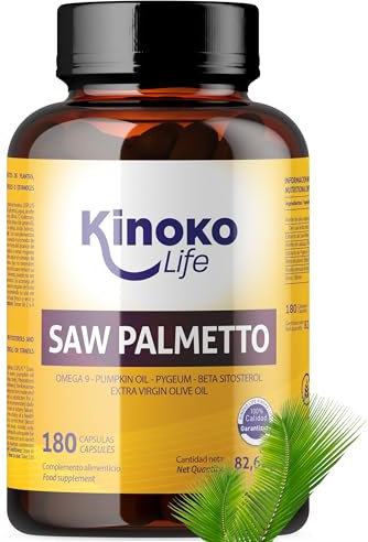 Kinoko Life Saw Palmetto 180 gélules. Extrait lipidique-stérolique pur 85-95%. avec Oméga 9, Huile de graines de Citrouille, Pygeum Africanum, Saw palmetto Cheveux. Saw Palmetto Prostate.