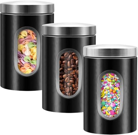 LYFJXX 3-teiliges Dosen-Set für die Küche, Edelstahl-Lebensmittelbehälter, Organizer mit transparentem Fenster, Küchentheke, Vorratsdosen für Kaffee, Tee, Nüsse, Mehl, Zucker (schwarz)