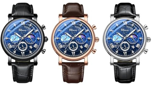 JewelryWe Orologio da uomo in vera pelle, cronografo, impermeabile 30 m, analogico, al quarzo, orologio da polso da uomo, cinturino in pelle, orologio multifunzione con quadrante cielo stellato,
