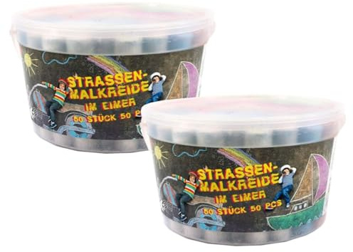 TerCasa 998704 - Lot de 100 craies de peinture de rue - 50 craies dans 2 seaux - Avec couvercle et anse - 100 craies colorées pour pavés ou asphalte - Pour enfants à partir de 3 ans