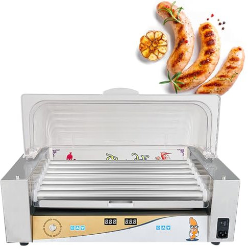 GESAIDES Máquina para Hacer Perritos Calientes, Parrilla Eléctrica para Salchichas, Bandeja de Goteo de Acero Inoxidable Extraíble y Cubierta de Capó, Parrilla Comercial para Perritos Calientes