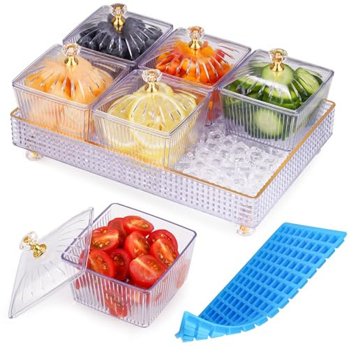 NiHome Plateau de fête glacé avec 6 sections et couvercles pour salades, fruits, condiments, apéritifs, plastique sans BPA, stockage de glace pour garder les aliments frais pour les fêtes d'intérieur