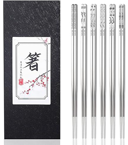 6 paia di bacchette in acciaio inox, riutilizzabili cinesi giapponesi, 23,5 cm, bastoncini in metallo, antiscivolo, lavabili in lavastoviglie
