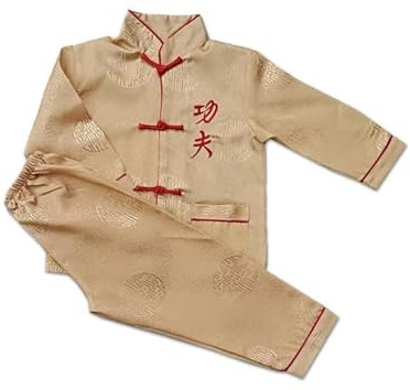 Kids Chinese Kongfu Clothing Traditional Outfit Silk Satin Kung Fu Suit for Kid Long Sleeves Top Pant 2 Pcs Boys Girls Tai Chi Suits Button up Stand Collar Wing Chun Clothes Plain Kung Fu Clothing