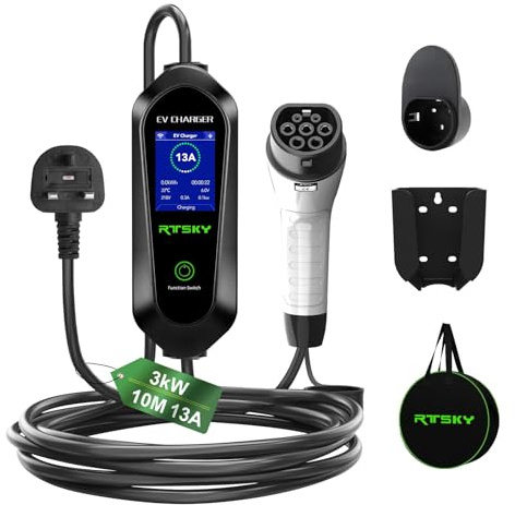 RTSKY Ev Charger Cable Type 2 to 3 Pin UK Plug 10M, 3KW 13A with Adjustable Current, Includes UI Display Screen, Storage Bag & Wall Mount