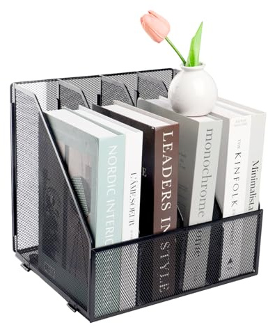 EasyOFC Metal Mesh A4 Magazine File Holder, 4 Sections Desktop Document Organiser, Office File Storage Rack for Desk Tidy,Black