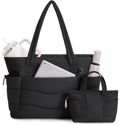 Wandering Nature Tote Bags for Women with Zipper, Set of 2 Shoulder Handbags with 15.6 Inch Laptop Compartment & Water Bottle Pocket for Work School Travel College,Black (Patent Pending)