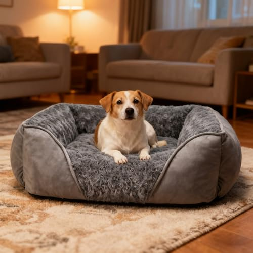 PETCUTE Lit Orthopédique pour Chiens de Taille Moyenne, Lavable Canapés pour Chien,Lit pour Animaux Domestique avec Fond Antidérapant,Coussin Anti-anxiété pour Petit Moyen Chiens et Chats,Gris,M