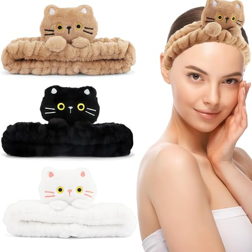 OuryTech Bandeau Cosmétiques, 3 Pièces Bandeau Cosmétiques Comme Bande De Maquillage Avec Oreilles De Chat Pour Femmes Et Filles