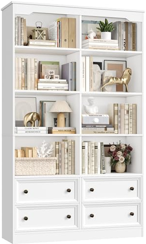 FirFurd 180 cm Bücherregal mit Schubladen, Bücherschrank mit 8 Fächern Hochschrank groß, Skandinavischer Stil, Vitrinenschrank Mehrzweckschrank für Wohnzimmer Büro Küche, 180 x 100 x 30 cm, Weiß