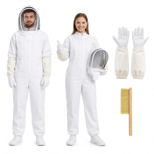 XPJBKC Imkeranzug mit Imkerhandschuhe, XL Professioneller Vollschutz Imker kostüm, Abnehmbarer Kapuze Atmungsaktiver Imker Schutzanzug Unisex Männer Frauen Garten Hinterhof Ranch, Weiß
