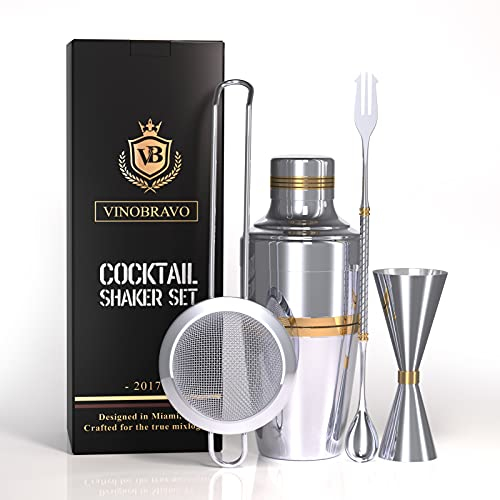 VinoBravo Premium Japanese 17oz. Cobbler Cocktail Shaker Set | Bar Set for Home Bars and Professional Bartender Kit with 500ml Cocktail Shaker, Double Jigger, Mixing Spoon and Fine Mesh Strainer