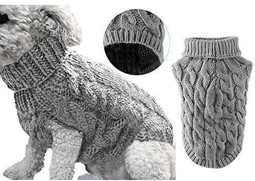 Stickad tröja med polokrage för husdjur, kappa, vintervärmare, tjockare pullover, stickade kläder, virkad kappa, kläder för små, medelstora och stora hundar, valpar, katter (storlek M, grå)