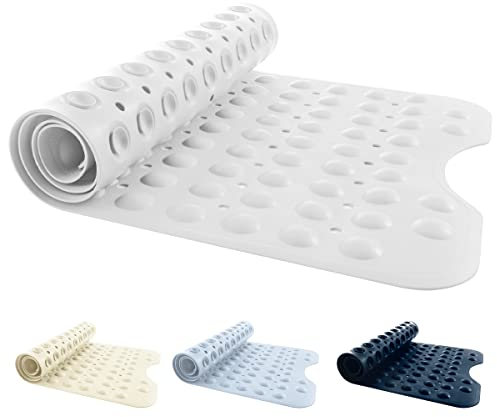 ANSIO® Long Bathtub Mat PVC Non-Slip Anti Mould Shower Mat with Drain Holes & Suction Cups Machine Washable 100 x 40 cm / 40 x 15.7 inches - Solid White