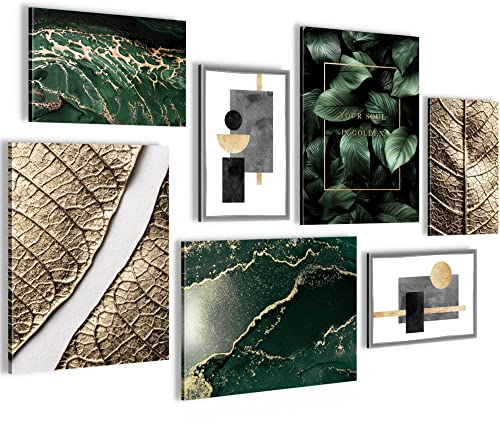 Novart Wandbilder Abstrakt Figuren Blätter - KOMPLETT AUFHÄNGFERTIG - Gold Grün Wohnzimmer Schlafzimmer - 7 Moderne Mood-Bilder - N006971a
