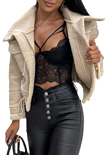 Onsoyours Damen Kunstlederjacke Winterjacke Wildlederimitat Jacke Mantel Herbst Winter Revers Plüschjacke Reißverschluss Kurz Bikerjacke Parka Outwear A Beige L
