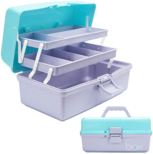 TERGOO 12in 3-Layer Plastic Craft Organizers and Storage, Portable Folding Tackle Box with Handle & Adjustable Dividers, Multipurpose Case for Sewing, Art Supplies, Medicine, Tools (Purple Blue)