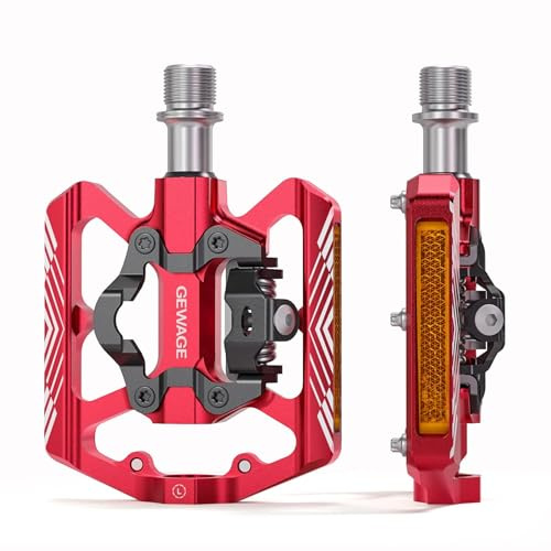 GEWAGE SPD Pedales de Bicicleta，2 en1 Doble función Plana y SPD Pedales con Reflector，9/16 Pulgadas CrMo Eje para Bicicletas MTB, Bicicletas de Carretera y E-Bikes. (Red)
