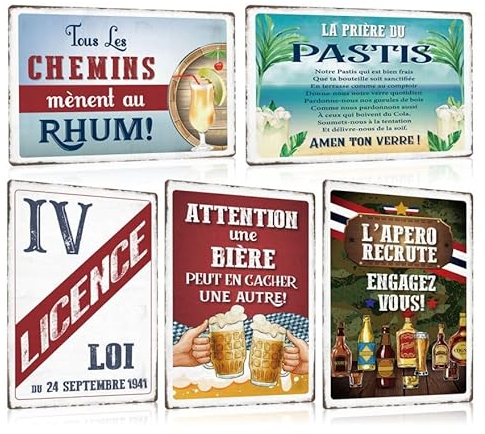 ZDFDC LOT DE 5PCS - Plaque Metal Vintage Bar 30x20cm - Pub Panneau avec Humour Citation Française - Bistrot Club Cave Restaurant Cuisine Murale Decoration Accessoire (Set A)