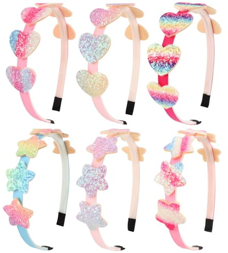 DRESHOW 6 Pack Diademas Con Lazo para Niñas Diadema con Purpurina para Niños Diadema Corazón Estrella para Niños Adolescentes