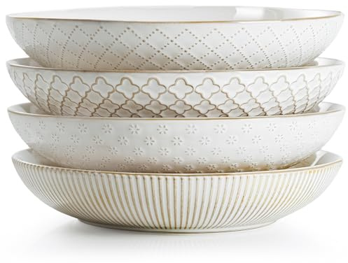 getstar Pasta Bowls, Large Salad Serving Bowls (9.2 inch/42 oz), Ceramic Bowl Plates Set of 4, Farmhouse Embossments, Microwave and Dishwasher Safe