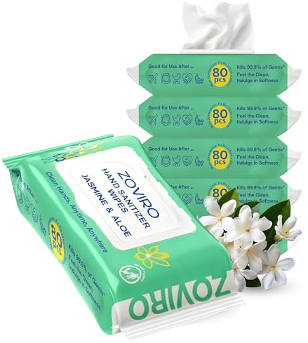 Zoviro Hand Sanitizer Wipes, Jasmine Essential Oils, 100% Viscose Ultra-Soft Wipes, Moisturizing & Non-Sticky, Jasmine Scent, Adults & Kids, 80 Count (Pack of 6)