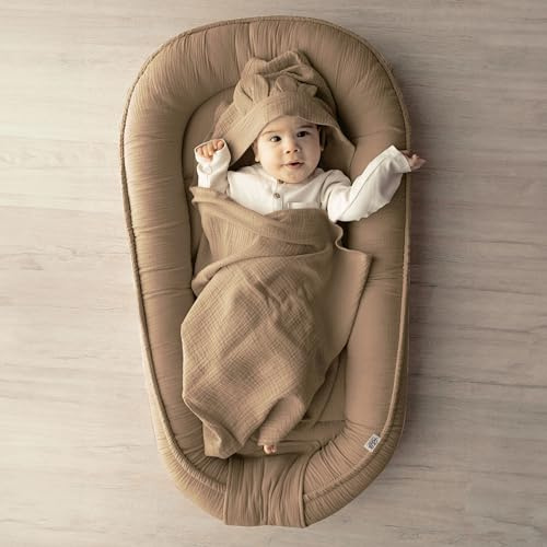 PaLulli Cocon pour bébé en 100% Coton Mousseline Premium, nid Douillet 100x60cm avec Rabat à Fermeture Velcro, Matelas à Langer, lit Douillet, Cocon pour lit de bébé - bébés et Nourrissons (Marron)
