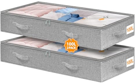 mepure 100L Large Underbed Storage, Under Bed Storage Box With Lid & Clear Window, Flat Underbed Clothes Storage Bags W/Zip Handle, Collapsible Fabric Long Bed Sheet Organizer For Towel Shoes, 2 Pack