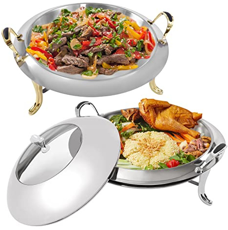 BAOCHADA Chafing Dish Bufféset 3L, 2 st rostfritt stål värmehållningsbehållare med bränslehållare och lock Chafing Dish matvärmare för catering buffé och fest (rund silver + guld- 2 set)