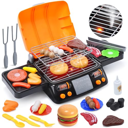 CUTE STONE Set di Gioco da Barbecue per Bambini, Griglia Giocattolo a 2 Livelli con Cibo, Luce e Suono, Accessori da Cucina, Giocattolo da Cucina all'Aperto per Ragazzi e Ragazze