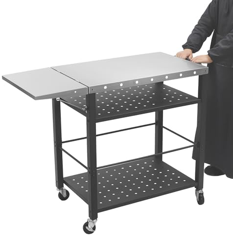 Fridgestea Outdoor Grill Dining Cart with Foldable Side Table, BBQ Movable Food Prep Table with Double-Shelf, BBQ Trolley with Carry Handle & 4 Wheels(With Two Brakes) for Garden/Patio/BBQ/Pizza Oven