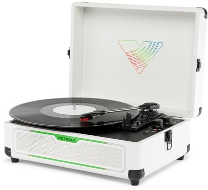 Journey Glow – Giradischi valigia illuminato – 18 effetti luce RGB, modalità pulse musicali, altoparlanti stereo con bassi potenziati, ingresso e uscita Bluetooth (Bianco)