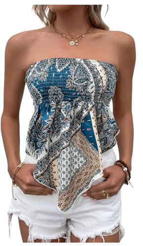 WDIRARA Women's Bow Tie Back Tube Tops Boho Graphic Shirred Asymmetrical Bandeau Tops Blue Medium