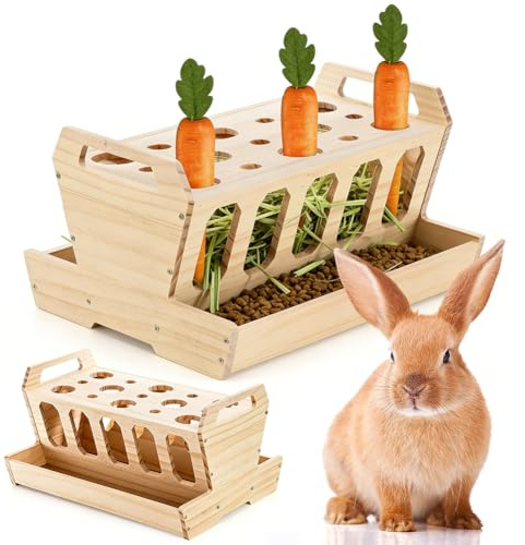 Gran comedero para conejos y cobayas, accesorios para conejos, comederos con soporte para zanahorias de madera natural sin tratar, 30 x 22 x 18 cm, comedero para conejos, accesorios para cobayas